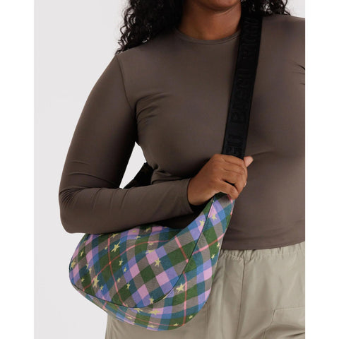 Medium Nylon Crescent Bag: Green Star Plaid