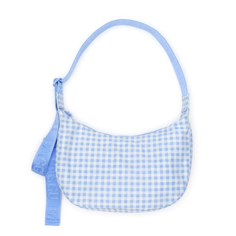 Medium Nylon Crescent Bag: Light Blue Gingham