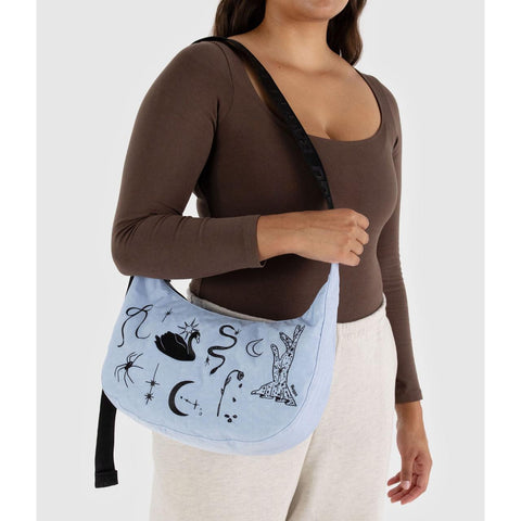 Medium Nylon Crescent Bag: Embroidered Ballet Icons