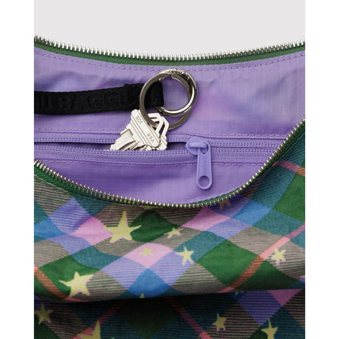 Medium Nylon Crescent Bag: Green Star Plaid