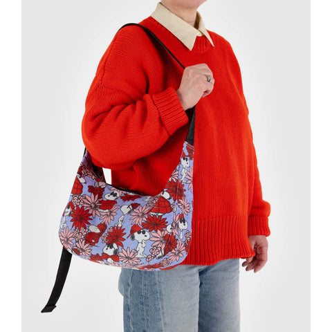 Medium Nylon Crescent Bag: Floral Snoopy