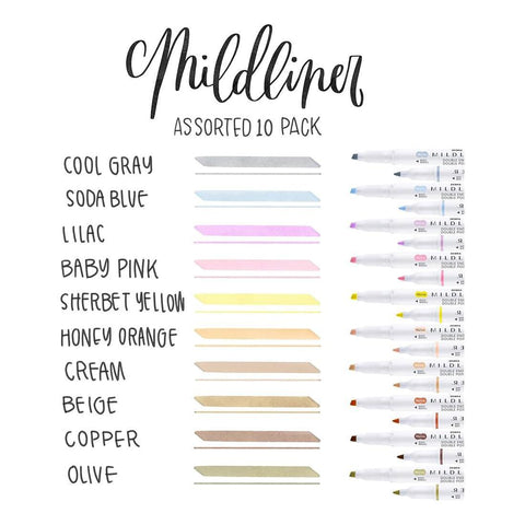 MILDLINER Dual-Tip Creative Highlighters, Set of 10 Neutral + Gentle Colors