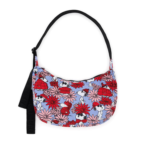 Medium Nylon Crescent Bag: Floral Snoopy