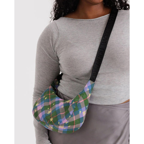 Small Nylon Crescent Bag: Green Star Plaid