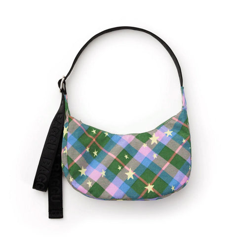 Small Nylon Crescent Bag: Green Star Plaid