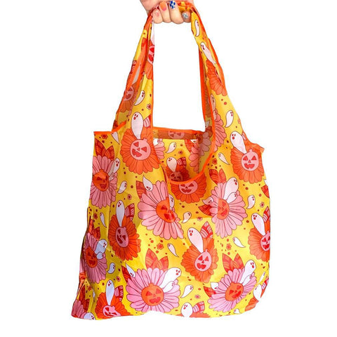 Spooky Retro Ghost Floral Reusable Tote Bag