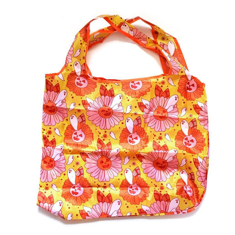 Spooky Retro Ghost Floral Reusable Tote Bag
