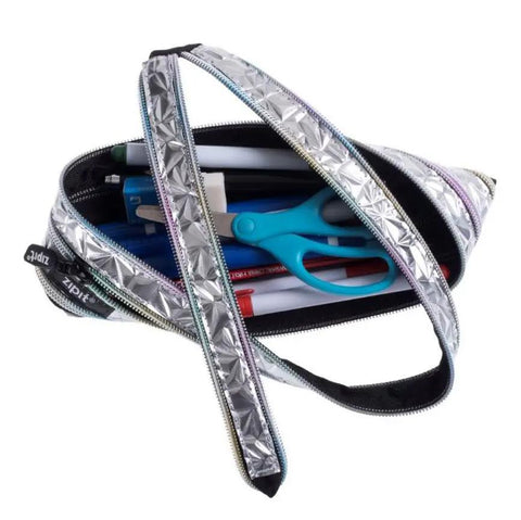 Silver Metallic Zipper Pencil Case