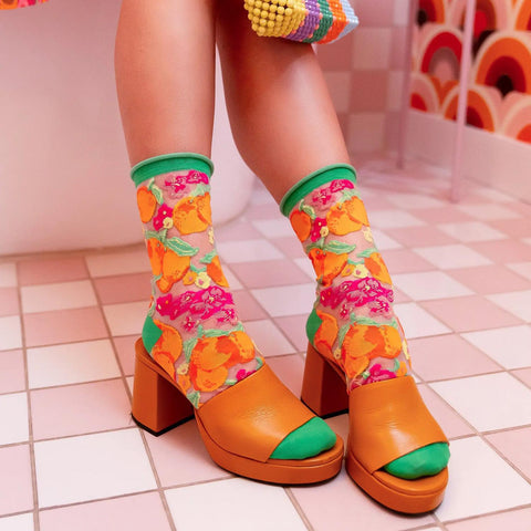 Orange Floral Sheer Socks