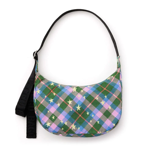 Medium Nylon Crescent Bag: Green Star Plaid