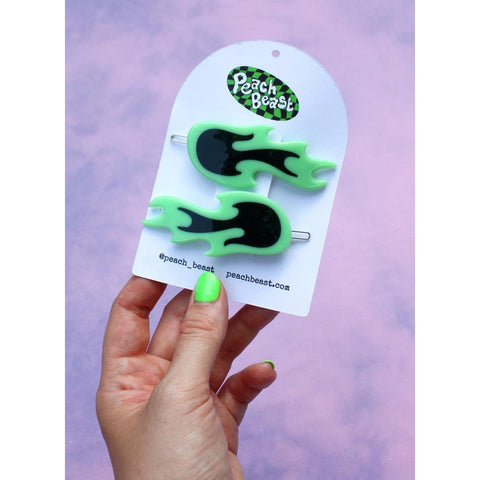 Green Flame Hair Clips
