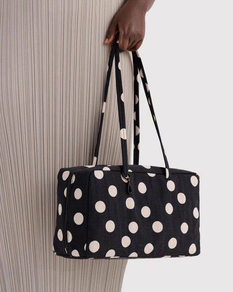 Medium Nylon Bowler Bag: Black + Cream Polka Dot