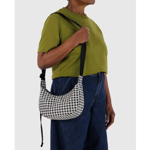 Small Nylon Crescent Bag: Black + White Gingham