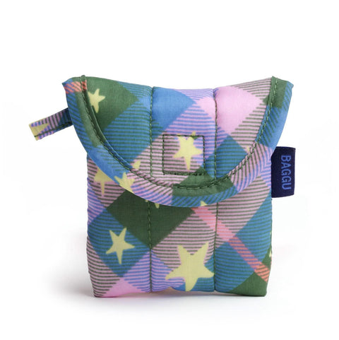 Puffy Earbuds Case: Green Star Plaid