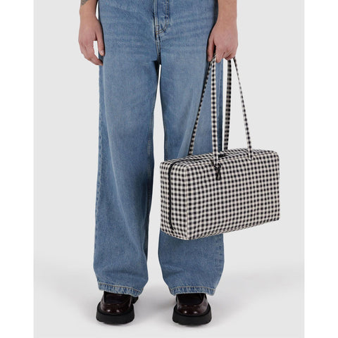Medium Nylon Bowler Bag: Black + White Gingham