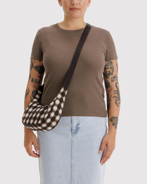 Small Nylon Crescent Bag: Blurred Gingham Brown