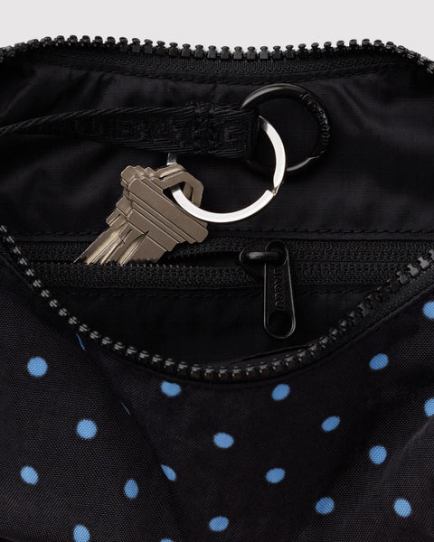 Small Nylon Crescent Bag: Black + Sky Blue Micro Dot
