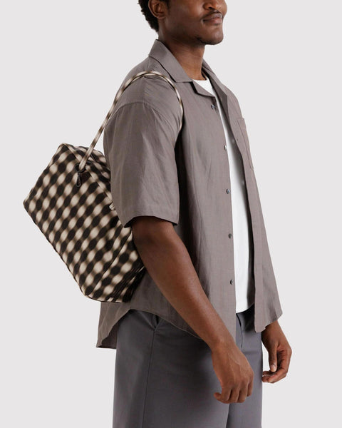 Medium Nylon Bowler Bag: Blurred Gingham Brown