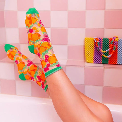 Orange Floral Sheer Socks