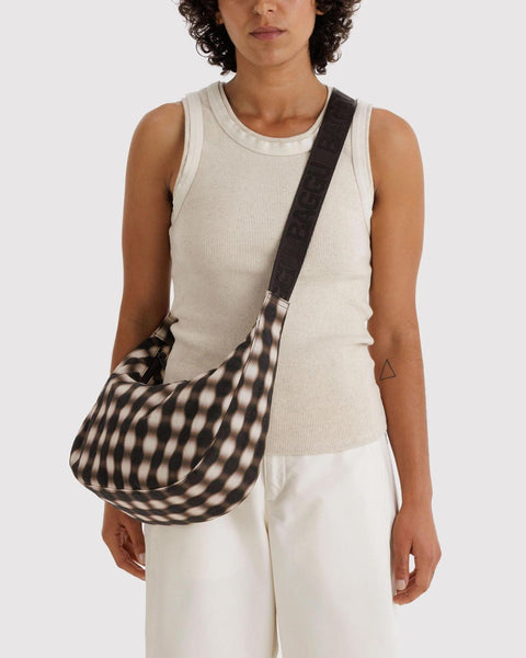 Medium Nylon Crescent Bag: Blurred Gingham Brown