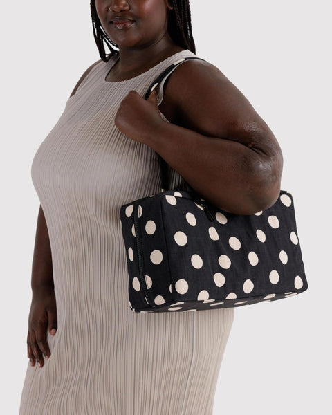 Medium Nylon Bowler Bag: Black + Cream Polka Dot