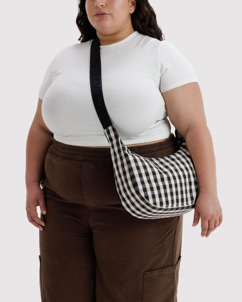 Medium Nylon Crescent Bag: Black + Cream Gingham