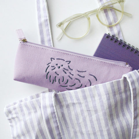 Embroidered Cat Purple Canvas Pen Case