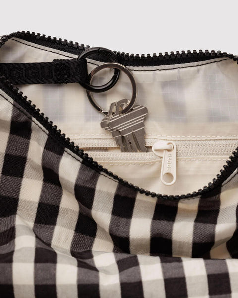 Small Nylon Crescent Bag: Black + Cream Gingham