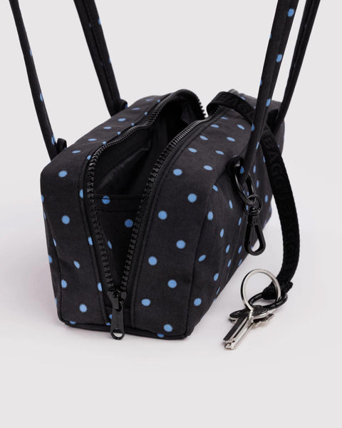 Small Nylon Bowler Bag: Black + Sky Blue Micro Dot