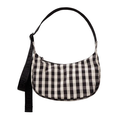Small Nylon Crescent Bag: Black + Cream Gingham