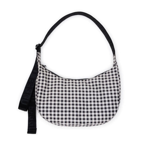 Medium Nylon Crescent Bag: Black + White Gingham