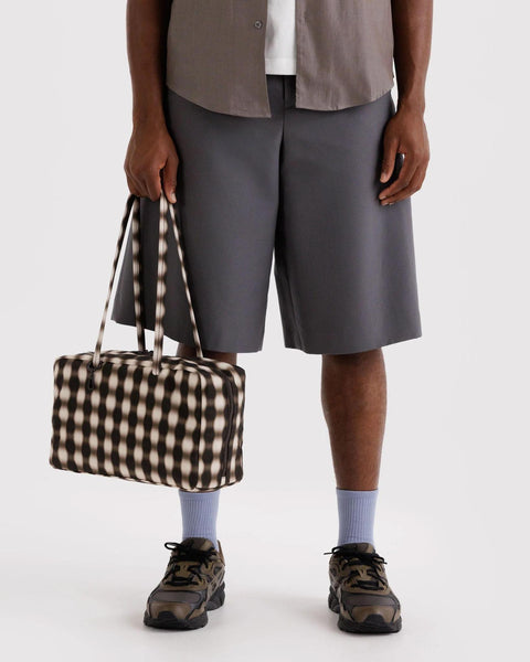Medium Nylon Bowler Bag: Blurred Gingham Brown
