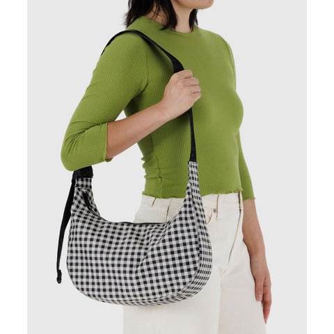Medium Nylon Crescent Bag: Black + White Gingham