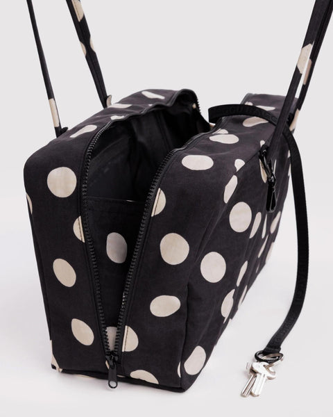 Medium Nylon Bowler Bag: Black + Cream Polka Dot