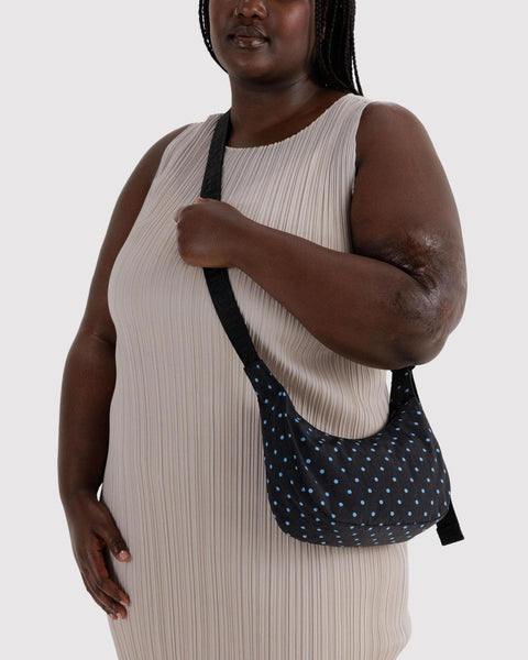Small Nylon Crescent Bag: Black + Sky Blue Micro Dot