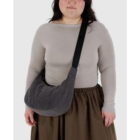Medium Denim Crescent Bag: Washed Black Denim