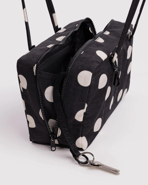 Nylon Bowler Bag: Black + Cream Polka Dot
