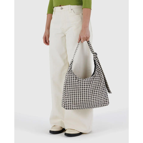 Nylon Shoulder Bag, Black + White Gingham