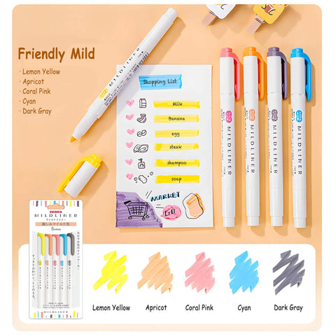 MILDLINER Dual-Tip Creative Highlighters, Set of 5 Mild Friendly Colors