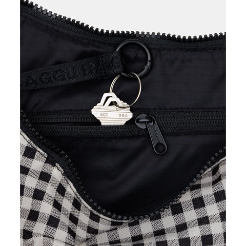 Medium Nylon Crescent Bag: Black + White Gingham