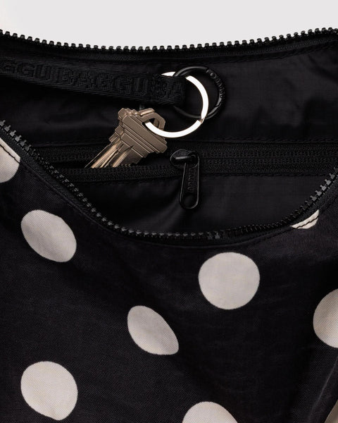 Medium Nylon Crescent Bag: Black + Cream Polka Dot