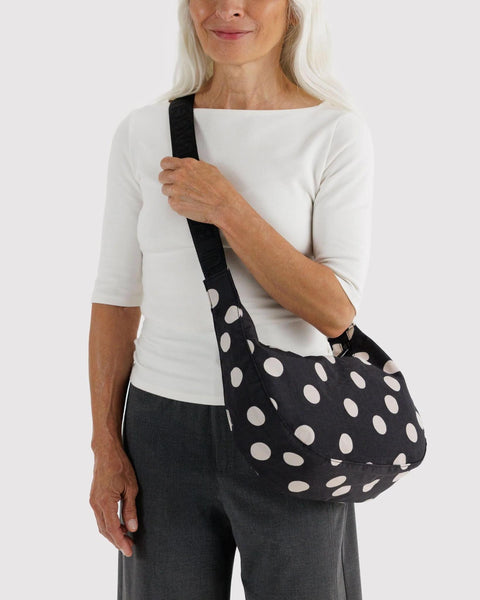 Medium Nylon Crescent Bag: Black + Cream Polka Dot