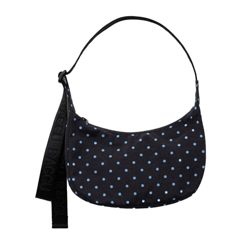 Small Nylon Crescent Bag: Black + Sky Blue Micro Dot