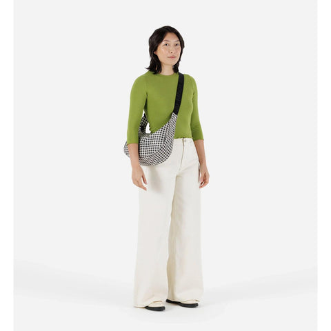 Medium Nylon Crescent Bag: Black + White Gingham