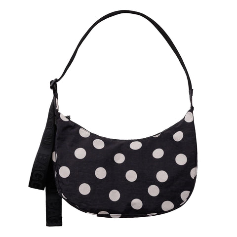 Medium Nylon Crescent Bag: Black + Cream Polka Dot