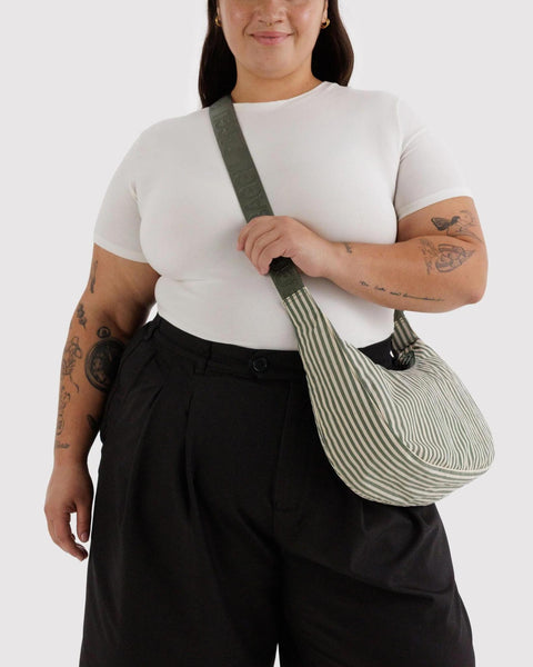 Medium Nylon Crescent Bag: Sage Stripe