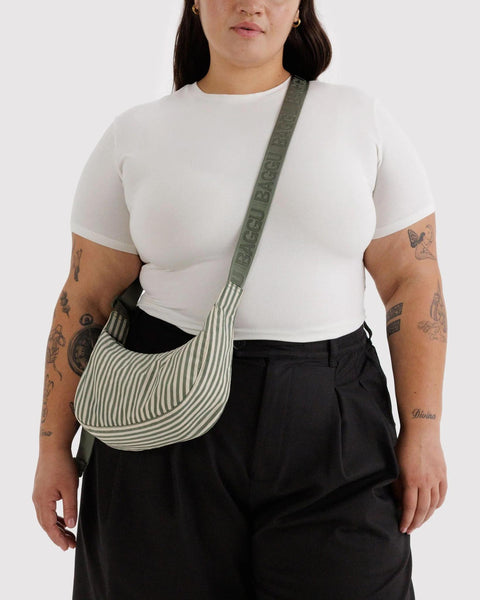 Small Nylon Crescent Bag: Sage Stripe