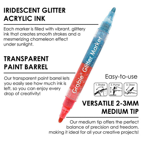 Dual Tip Iridescent Glitter Acrylic Paint Markers, Set of 8