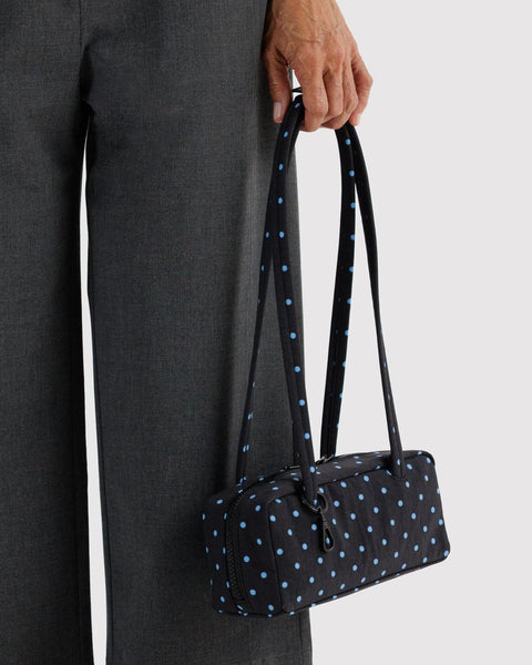 Small Nylon Bowler Bag: Black + Sky Blue Micro Dot