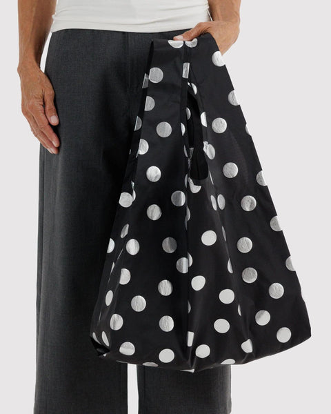 Standard Reusable Tote: Silver Metallic Polka Dot